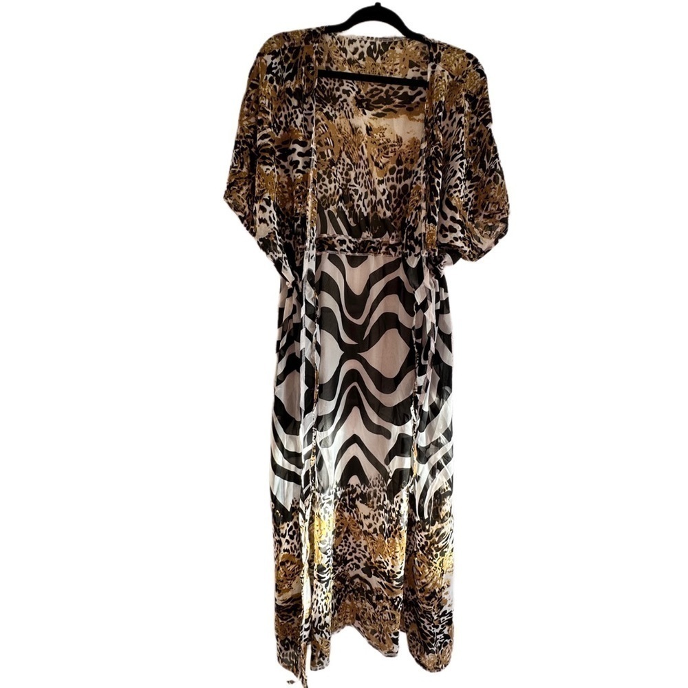 NIB NEW Women’s Maxi CoverUp Tiger Zebra Print Black White Gold TieFront - Picture 4 of 15